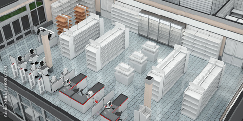 Retail floor plan mockup with empty shelves. 3d illustration © Wire_man