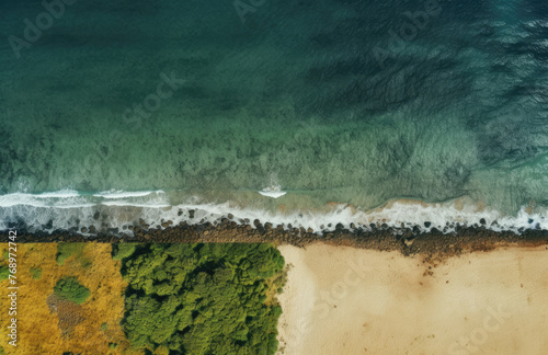 Aerial view of the road along the coast from the drone. Travel by car in summer time. The sea coast and the road.  photo