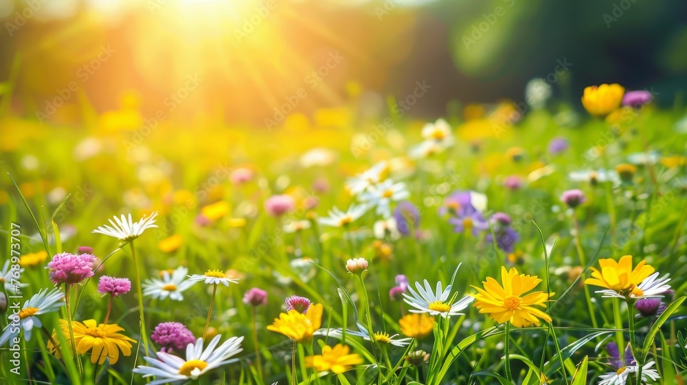 Obraz premium Vibrant early summer floral background colorful spring landscape with flowers in soft focus