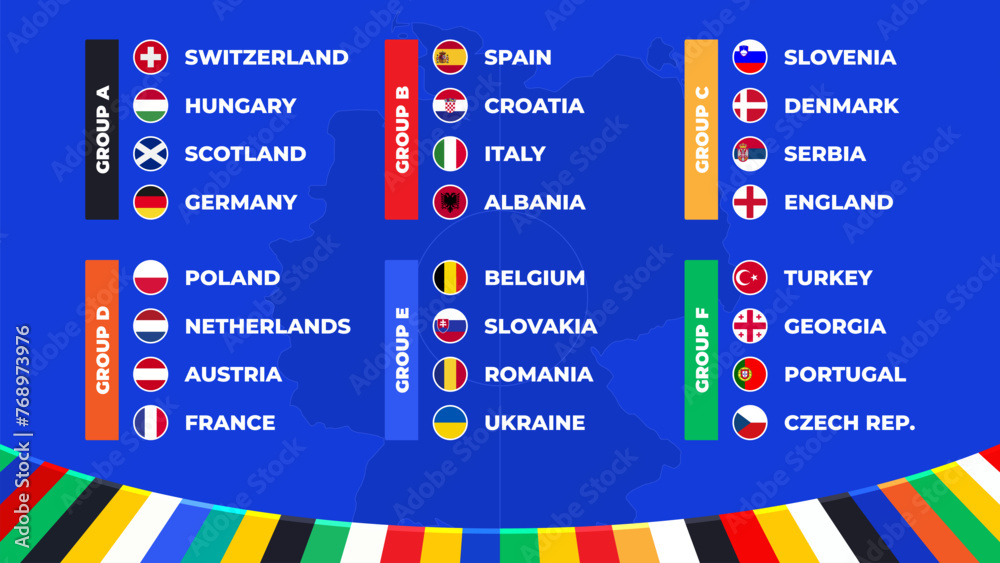 Fototapeta premium Football 2024 Group Stage of the European football tournament in Germany. Final draw. National flags European soccer teams. Vector illustration.