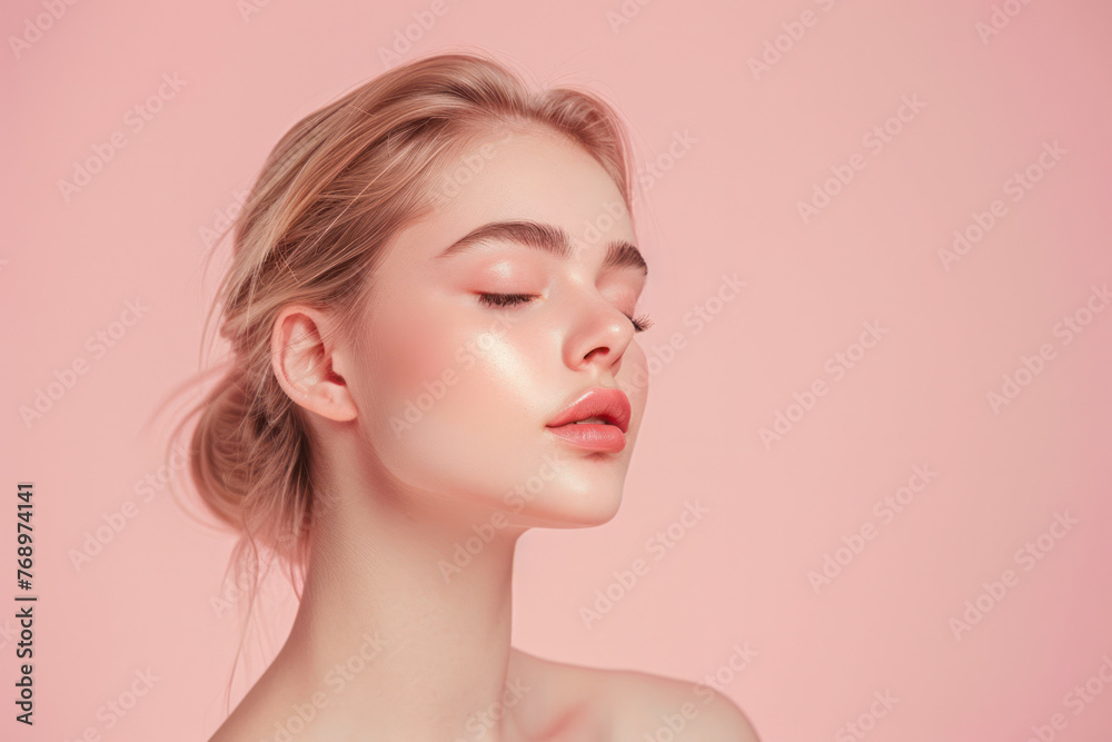 Woman With Eyes Closed on Pink Background