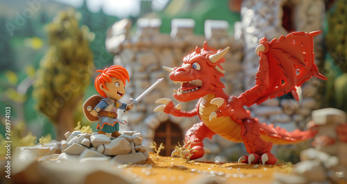 3d little knight fight with red dragon at rocky castle   kids story book .