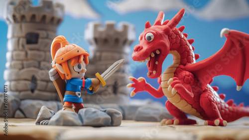 3d little knight fight with red dragon at rocky castle , kids story book .