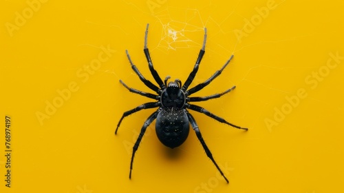 Black widow spider on a yellow background. Dangerous latrodectus insect.