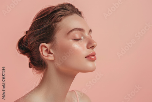 Woman With Closed Eyes on Pink Background © reddish