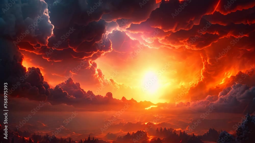 Fantasy landscape with red sky and dark clouds. 3d rendering, A fire hurricane ravages the cloudscape in the sky, visually representing climate change-induced apocalypse and, AI Generated