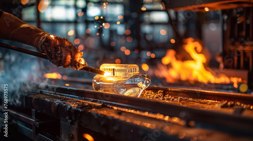 A captivating mix of fire and glass, with a trained artisan bringing a train-inspired sculpture to life in the heat and intensity of the furnace photo