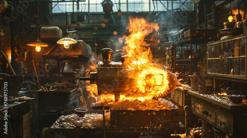 A train-shaped bottle is starting to take shape in the carefully regulated pandemonium of a glassblower's workshop, where flames are screaming in the furnace photo