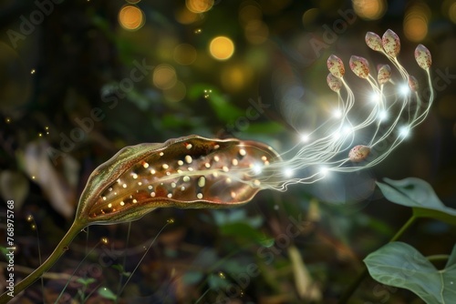 A seed pod releasing a cloud of spores that transform into ethereal beings of light photo