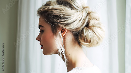 A woman with blonde hair and a bun on her head