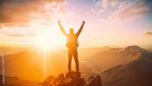 Hiker with raised hands standing on top of a mountain and enjoying sunrise, A hiker celebrating success on the summit of a mountain, hands raised high, AI Generated photo