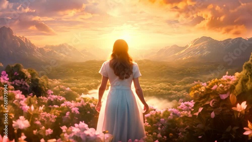 Beautiful woman in white dress standing on the hill and looking at beautiful sunset, A joyful woman standing in a flower garden, marveling at the sunset view, AI Generated photo