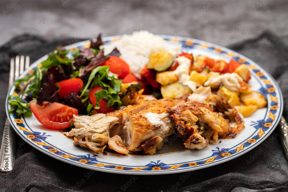 grilled chicken with salad and boiled rice in plate grilled chicken with salad and boiled rice in plate