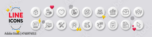 No puzzle, Search and Diesel line icons. White buttons 3d icons. Pack of Change money, Card, Package box icon. Cursor, Checked file, Hammer tool pictogram. Support, Yoga, Currency rate. Vector