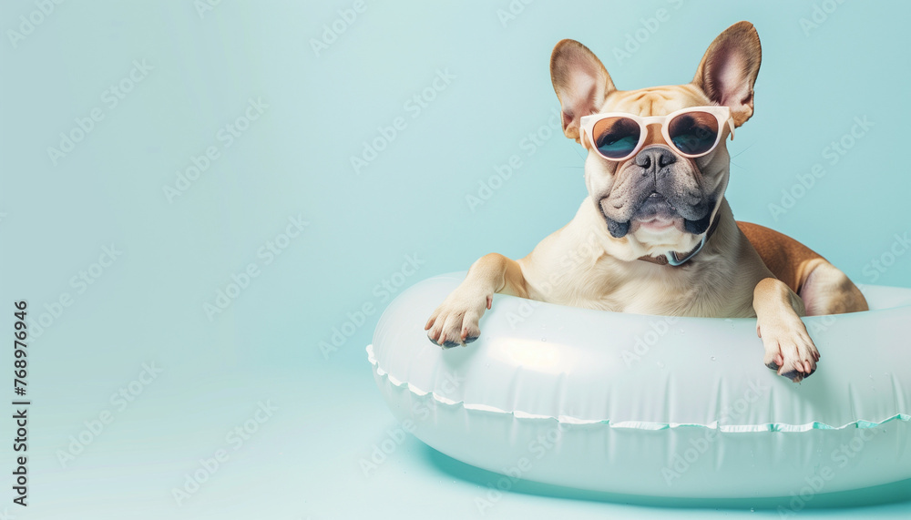 Summer Fun: Dog with Sunglasses Relaxing in Pool Float On Blue Background