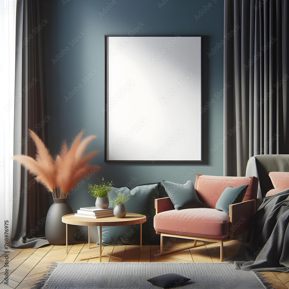 Modern living room with couch, coffee table, flowers, and frame 3D render Modern living room with couch, coffee table, flowers, and frame 3D render