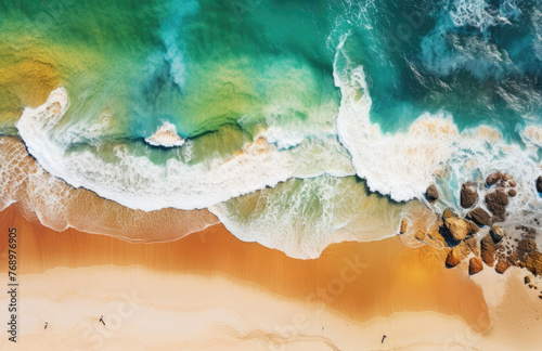 Beach and waves from top aerial view. Turquoise water background from top view. Summer seascape from air. Top view from drone. Travel concept and idea © ribelco