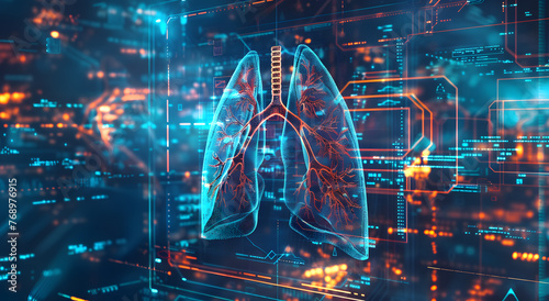 Futuristic digital lungs interface over a tech network background, representing advanced medical technology or virtual healthcare. photo
