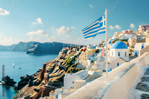 Greece Flag Waving. Santorini Skyline in the Background. Modern city architecture. Country flag concept. Beautiful landscape view.