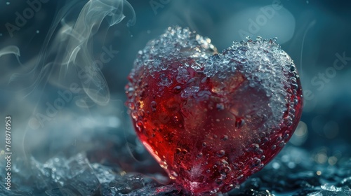 Heart wrapped in ice, with steam rising around, symbolizing inflammation reduction in a dramatic, cold environment