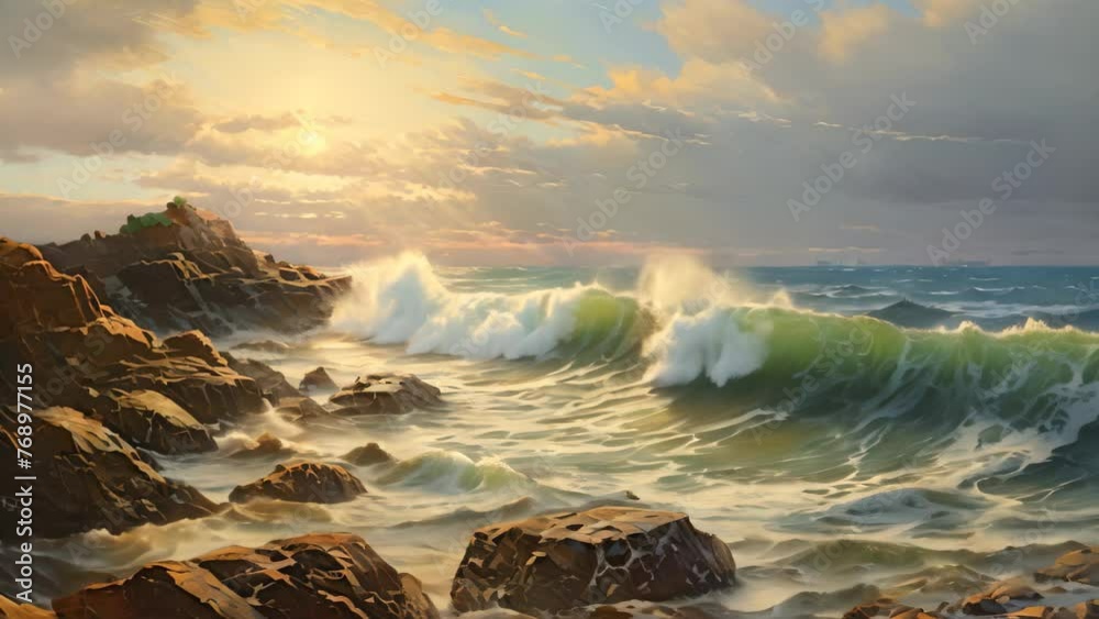Beautiful seascape with waves crashing on the rocks at sunset, A Rocky Beach landscape view with rough sea waves and beautiful sky, AI Generated