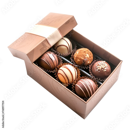 chocolate truffle candies in a gift box, on transparent background, clipping path, png     © MDKABIR