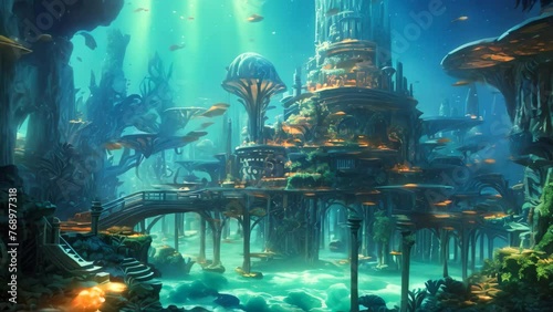 Fantasy landscape with ancient temple in the forest. 3d rendering, A thriving hidden oceanic civilization with enchanting architecture, bioluminescent plants, and mysterious inhabitants, AI Generated