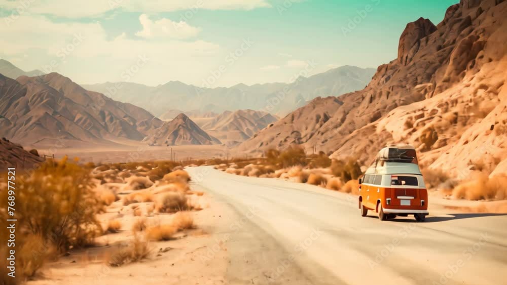 Vintage camper van on the road in the desert of Egypt, Adventure desert ...