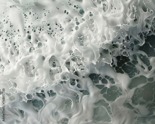 The intricate patterns of foam and spray created by a breaking wave super realistic