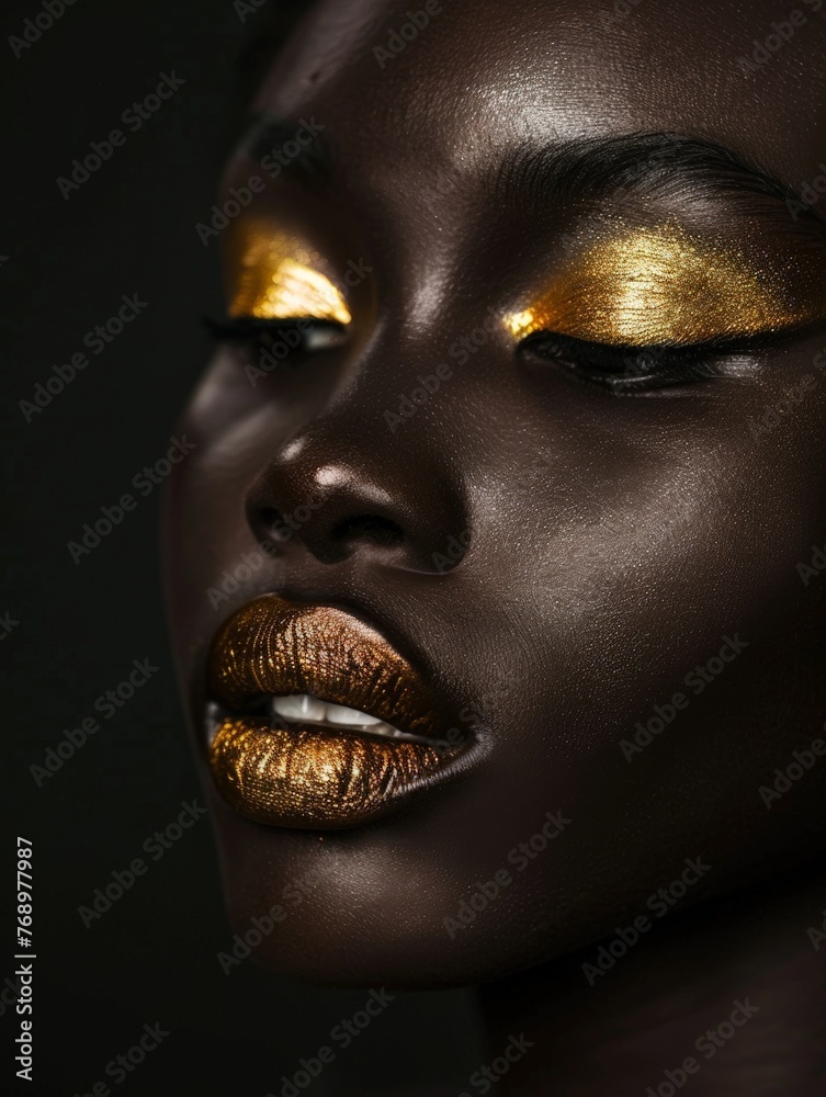 A woman wearing striking gold makeup and eyeshades, enhancing her features with a glamorous and radiant look