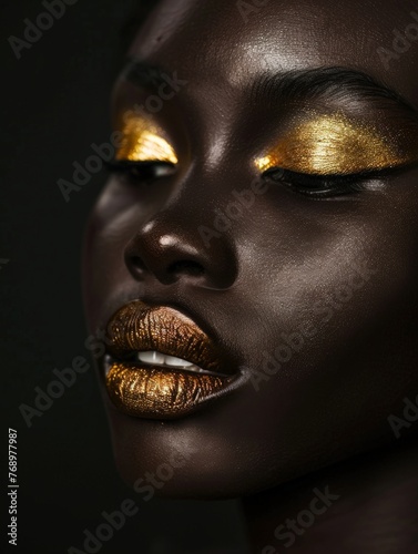 A woman wearing striking gold makeup and eyeshades, enhancing her features with a glamorous and radiant look