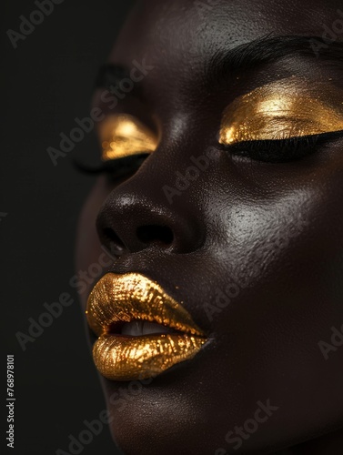 Close-up of a woman with intricate gold makeup highlighting her features