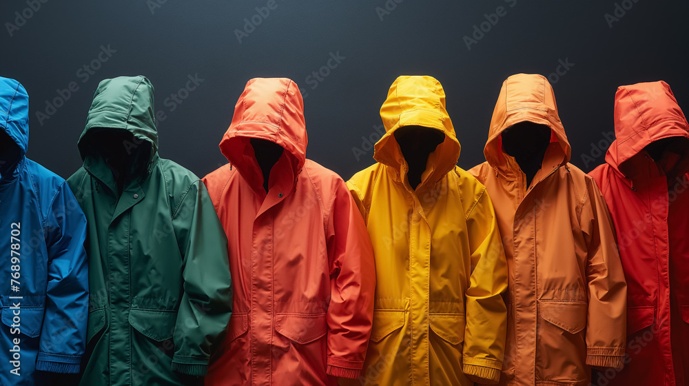 A row of individuals standing side by side, faces obscured by the hoods of brightly colored rain jackets against a dark background.
