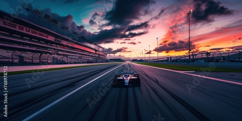 Race Car Speeding on Track at Sunset photo