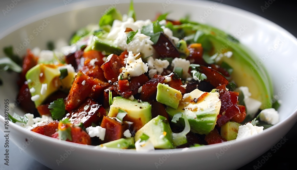 Dietary salad with avocado, greens, cheese, green onions, dressed with sauce Dietary salad with avocado, greens, cheese, green onions, dressed with sauce
