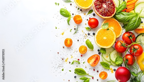 Vegetables, fruits and greens on a white light marble background on the right side with an empty space for text