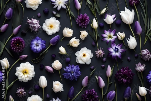 Floral banner, cover or header with purple tulip, dahlia, hyacinth, white roses isolated on dark background. 