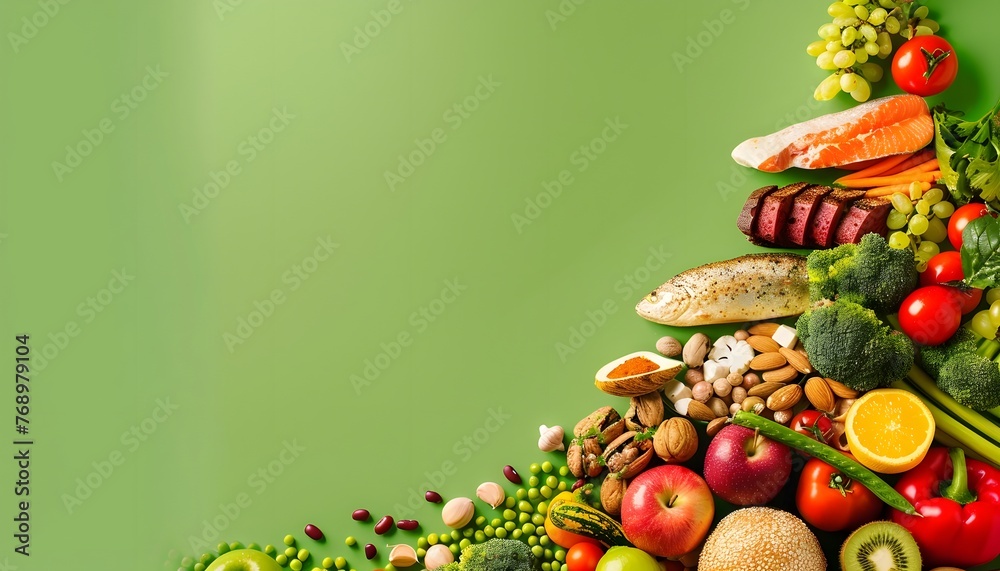 Vegetables and fruits, dietary and healthy food on a light green background with a blank space for text