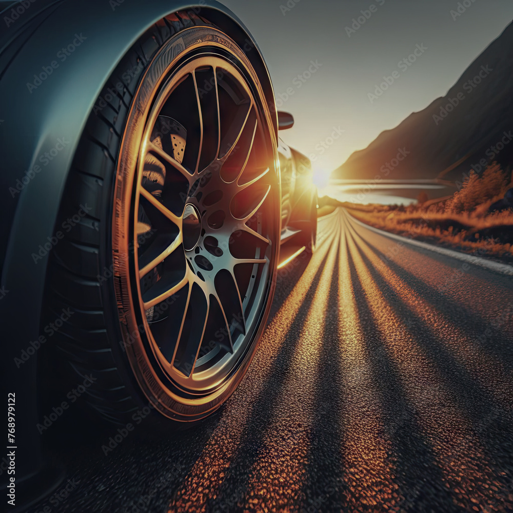 Low angle view of a car wheel on the road, against the backdrop of a summer sunset.