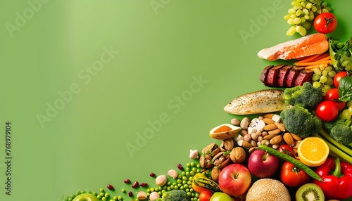 Vegetables and fruits  dietary and healthy food on a light green background with a blank space for text
