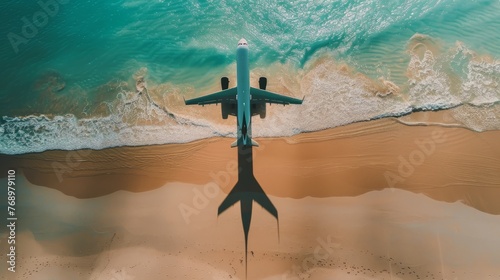 Mesmerizing travel vibes: airplane silhouette casts shadow on serene beachscape