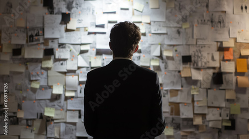 Rear view of a man in a dark suit staring thoughtfully at a wall plastered with various notes and documents.