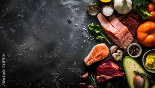 Fish, meat, avocados and other healthy and dietary foods on the right side against a dark background