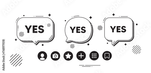 Yes text tag. Speech bubble offer icons. Approved ok message. Done or Good deal symbol. Yes chat text box. Social media icons. Speech bubble text balloon. Vector