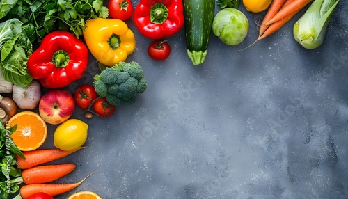 Background with healthy food. Dark marble background is framed by fruits and vegetables.