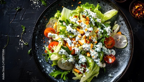 Dietary and healthy salad with greens, cucumbers, tomatoes, avocado and yogurt sauce