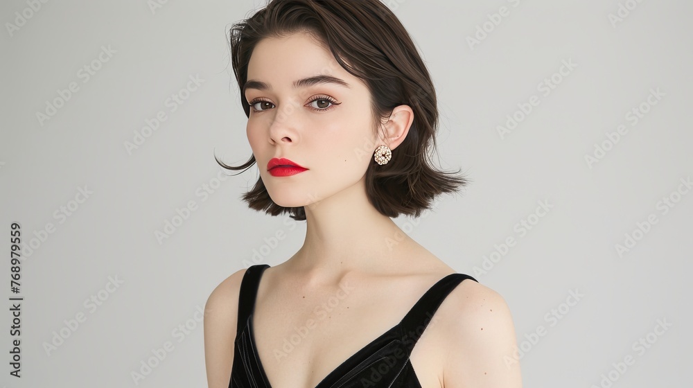 Elegant woman in formal attire with text space on left side in studio shot for advertising Elegant woman in formal attire with text space on left side in studio shot for advertising