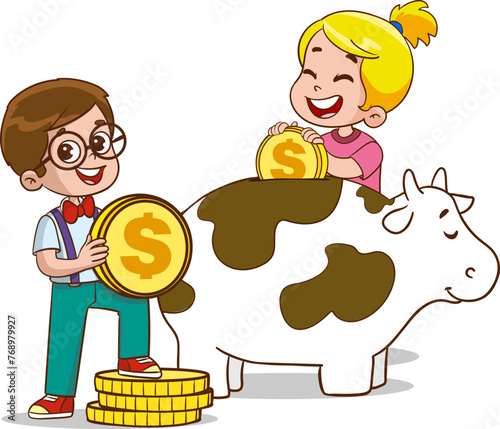 Smiling little boy holding piggy bank and putting coins in it. Young kids cartoon character saving money, raising money to invest in the future. Finance and savings economy, children's budget