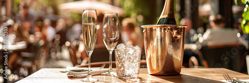 A copper ice bucket with a champagne bottle and glasses