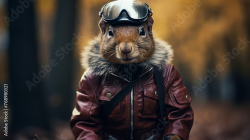 Envision a suave squirrel in a leather jacket  accessorized with aviator sunglasses and a motorcycle helmet. Against a backdrop of autumn leaves  it exudes outdoor adventure and urban coolness. The vi